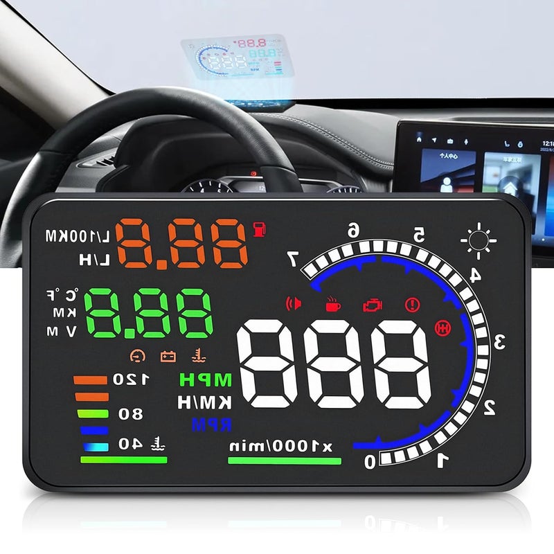 REENKEY 5.5" Windshield Head Up Display for Car,OBDII/EUOBD Interface Plug Car Hud Screen with Water Temperature, Mileage, RPM, Multiple Alarms - Image 1